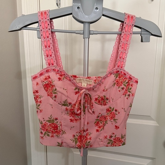 Thirty Thirty Tops - Floral Pink Crop Top with Lace Straps